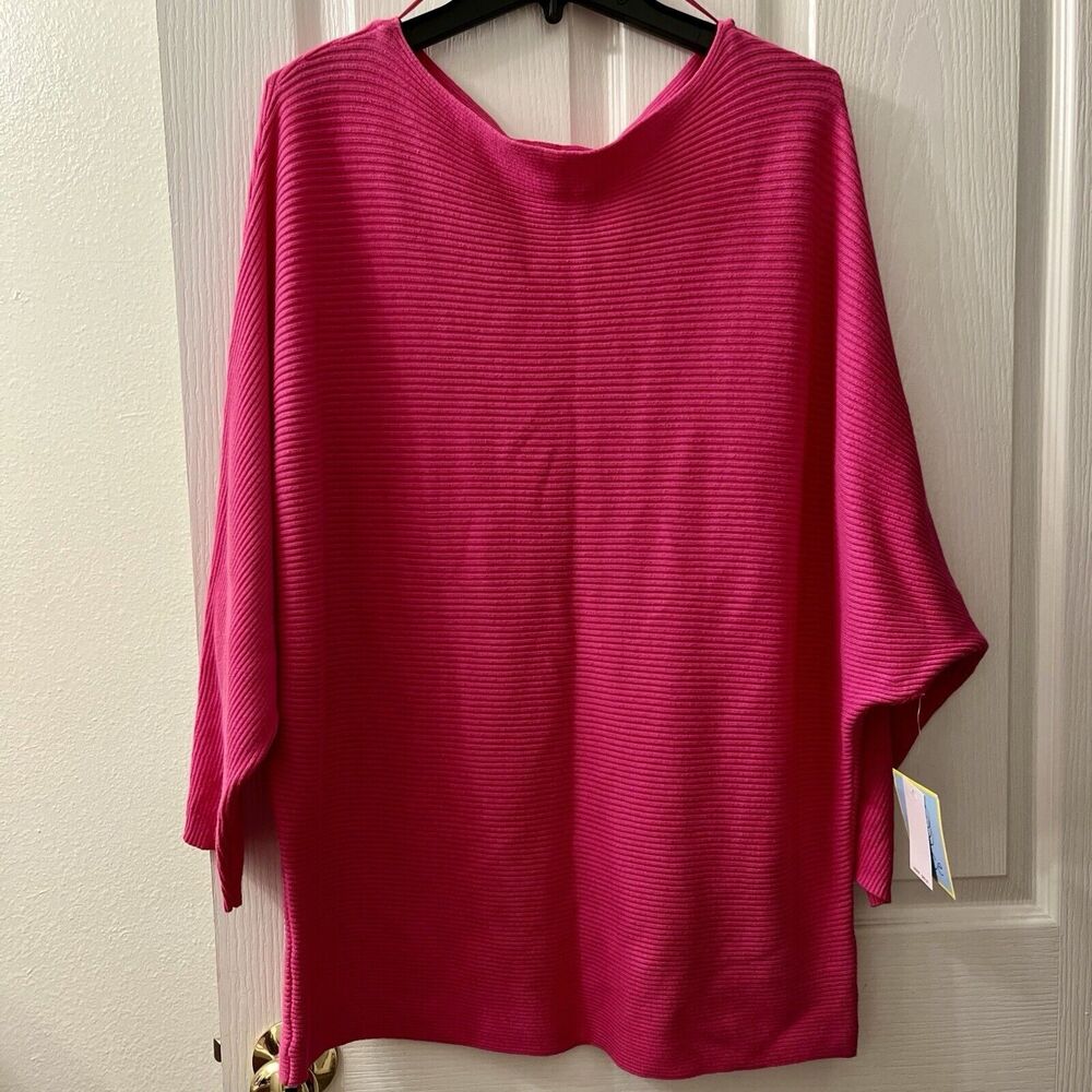 CeCe Women’s Sweater Large Hot Pink Boat Neck Batwing Ribbed Cotton Blend Knit‎